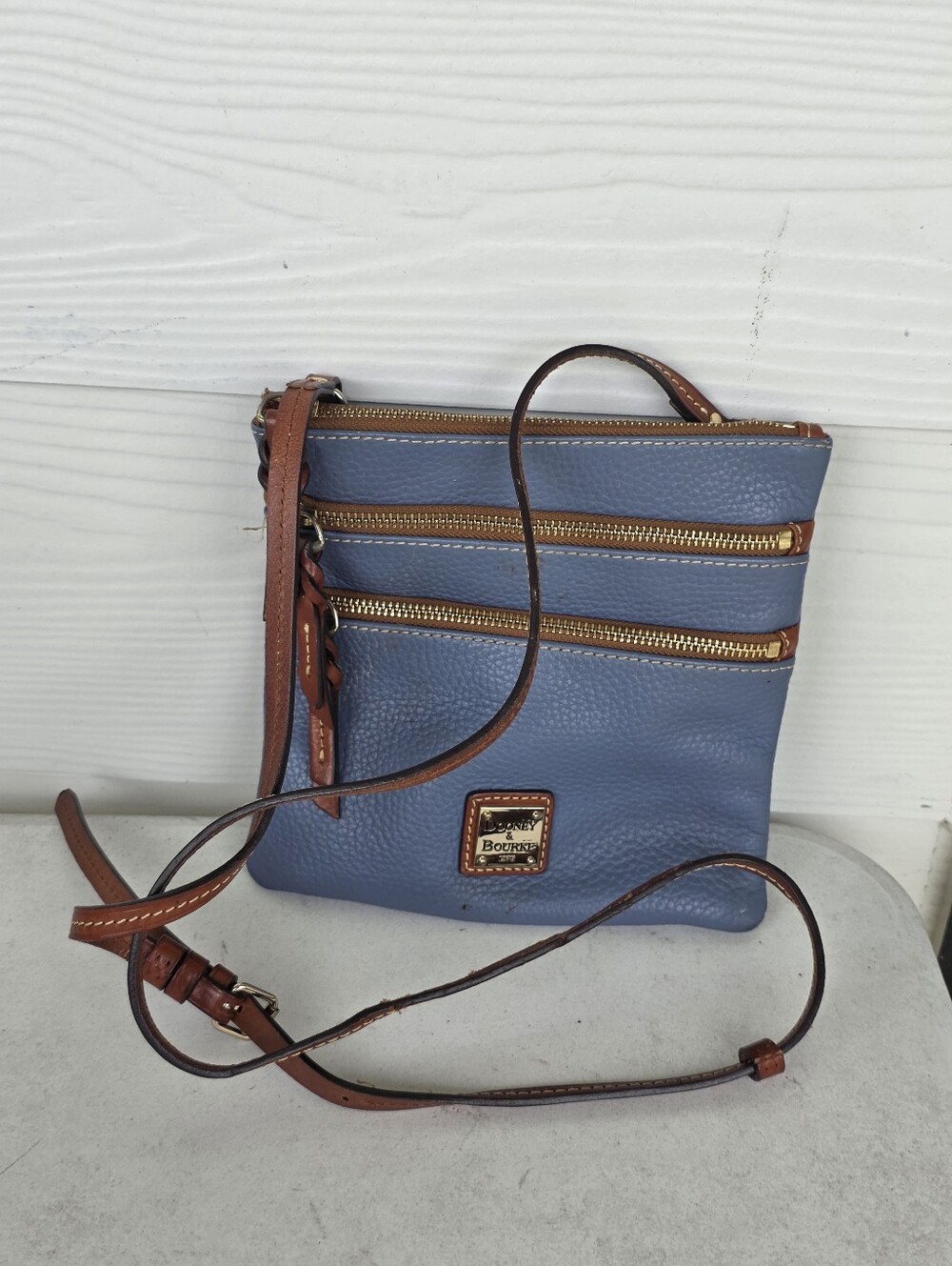 Dooney & Bourke Blue Pebbled Leather Crossbody Bag Triple Zip Brown Trim